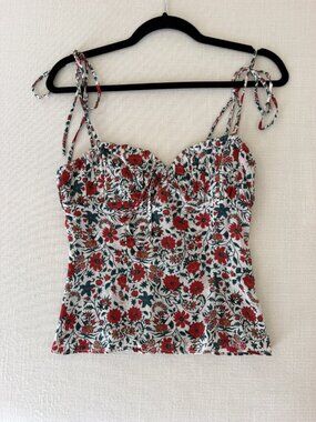 Réalisation Par Tie-Strap Floral Top Cream Red Floral Print Bow Shoulder Ties XS